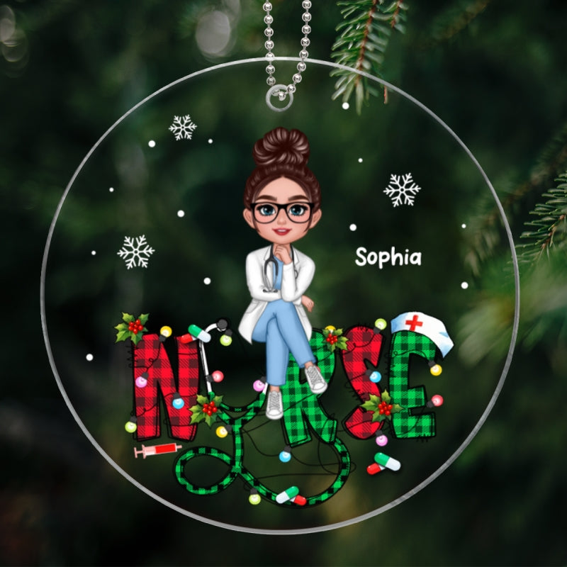 Sitting Nurse Christmas Pattern Personalized Acrylic Ornament, Christmas Gift For Nurses