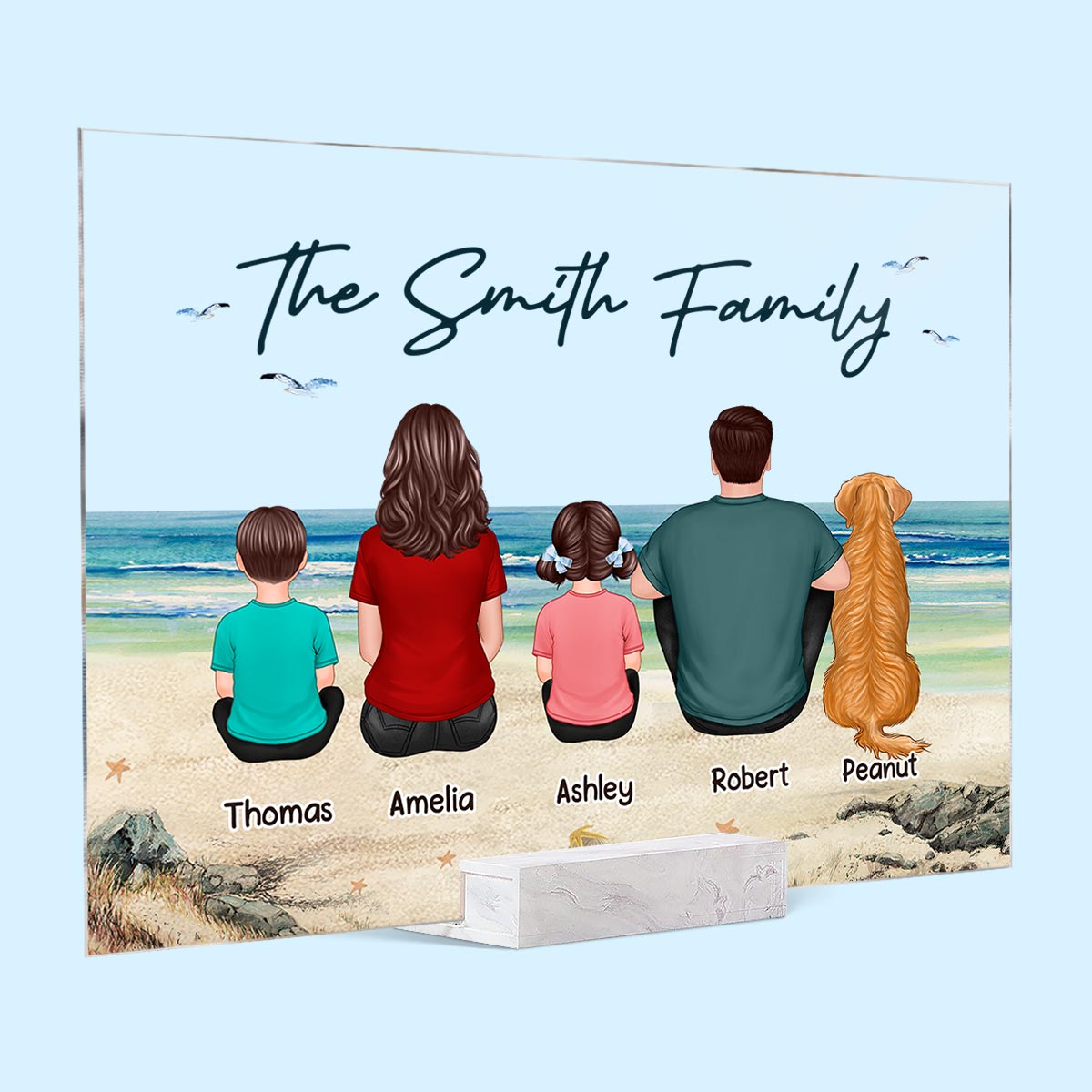 Beach Landscape Whole Back View Family Grandma Grandpa Dad Mom Kids Dogs Cats Sitting Personalized Acrylic Plaque