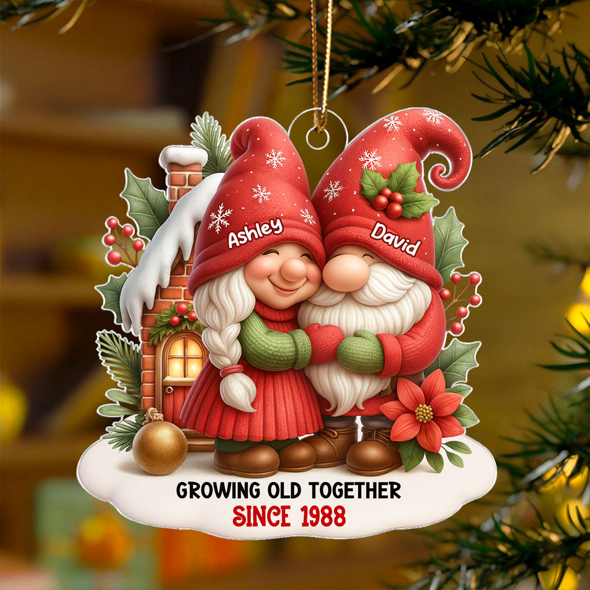 Festive Gnome Couple Love in Winter Wonderland Personalized Acrylic Ornament, Christmas Gift for him, Gift for her