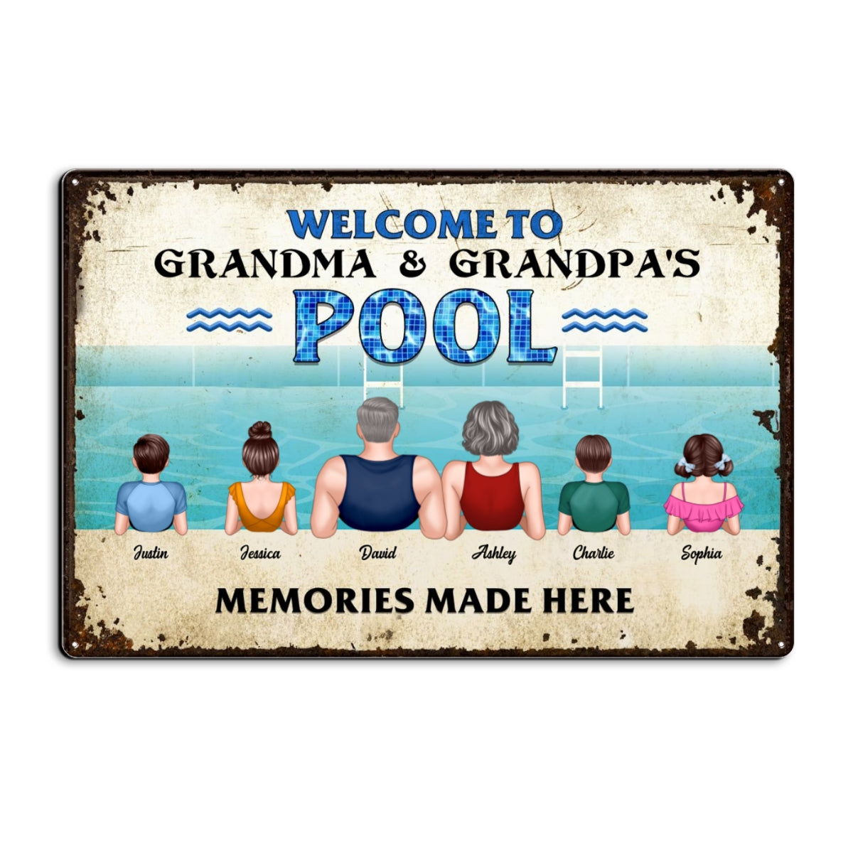 Grandparents Pool With Grandkids Personalized Metal Sign
