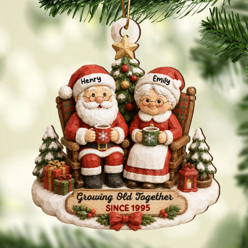 Rustic Vintage Santa Couple Growing Old Together - Personalized Wooden Ornament - Christmas Gift For Couple