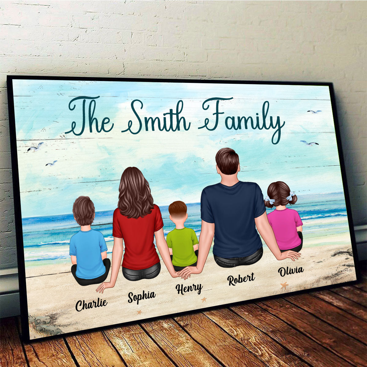 Whole Family Dad Mom Kids Dogs Cats Sitting Beach Landscape Personalized Horizontal Poster
