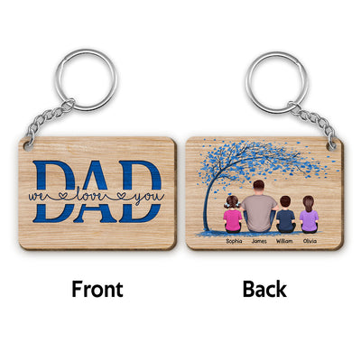 Dad And Kids Under Blue Tree Personalized Wooden Keychain