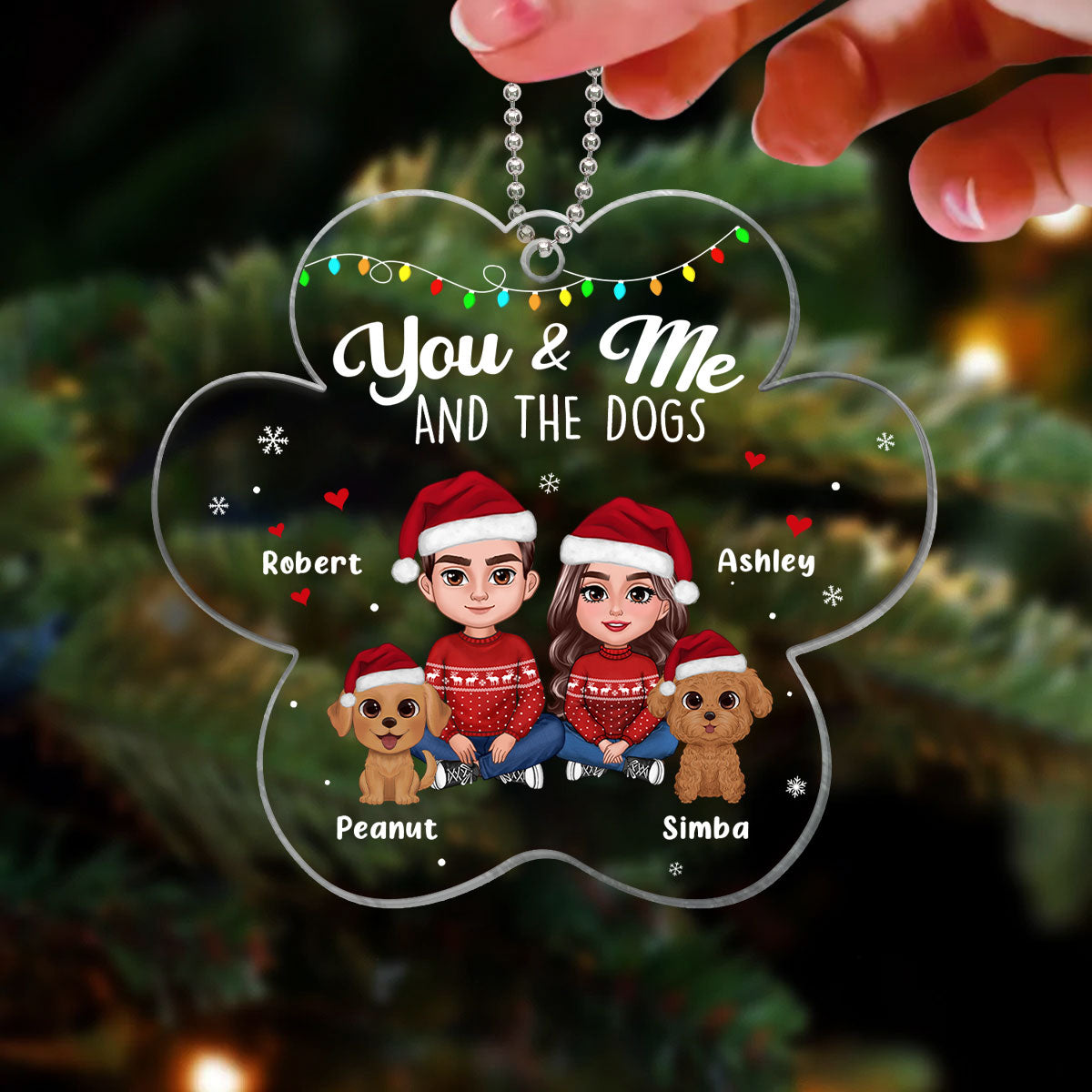 Couple You & Me And The Dogs Paw Shape Christmas Personalized Acrylic Ornament