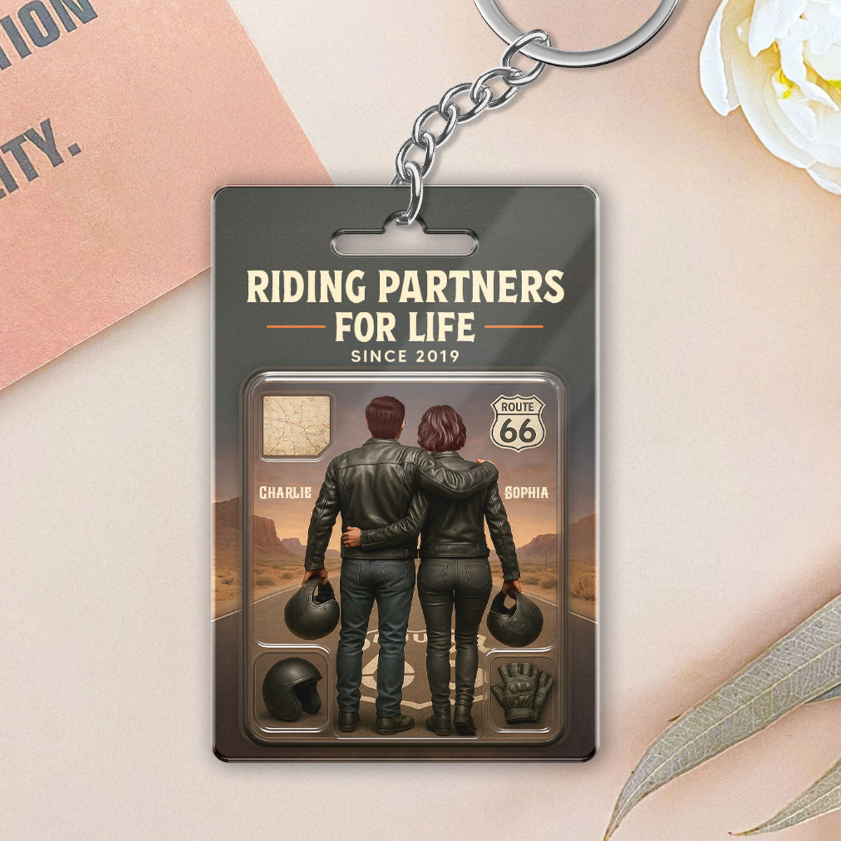 3D Effect Custom Figure Couple Bikers Riding Partners For Life Personalized Acrylic Keychain, Gift For Bikers