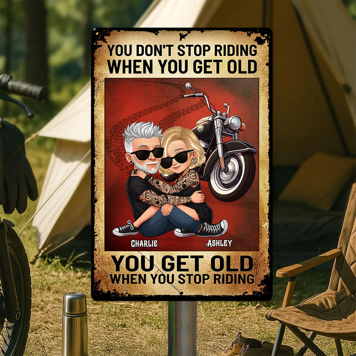 You Don't Stop Riding When You Get Old Biker Couple Personalized Metal Sign, Gifts For Riders
