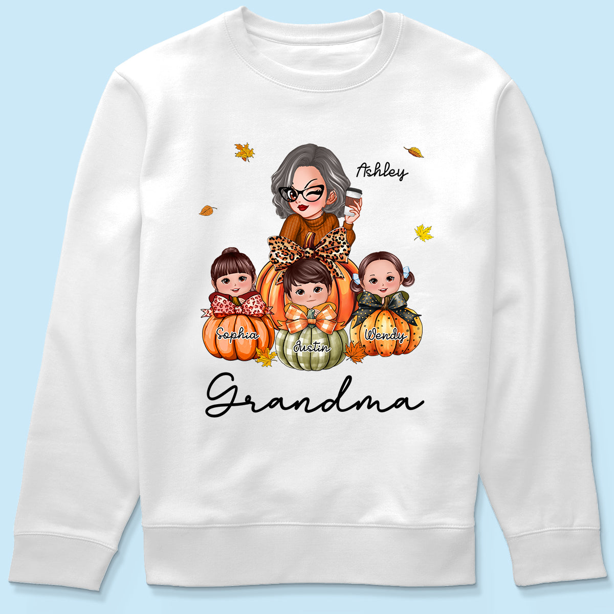 Grandma Mom Kids On Pumpkin Personalized Shirt, Fall Season Gift For Mom Grandma