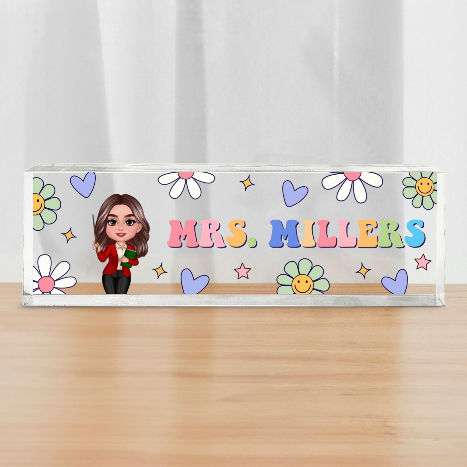 Groovy Retro Teacher Name Sign, Back To School Teacher Gifts Personalized Teacher Acrylic Desk Name Plate