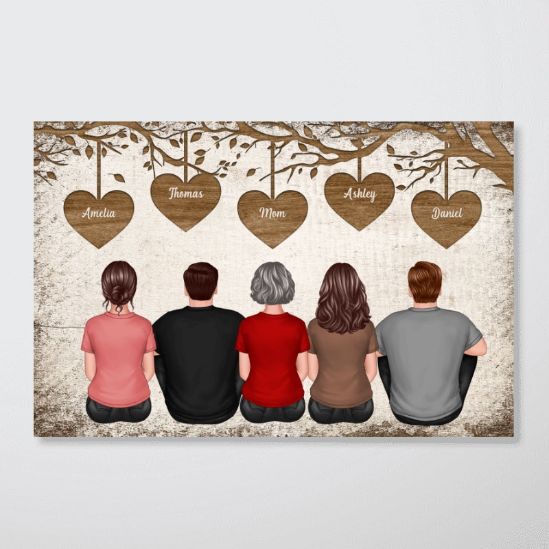 Back View Mom And Daughters Sons Sitting Under Heart Tree Personalized Horizontal Poster