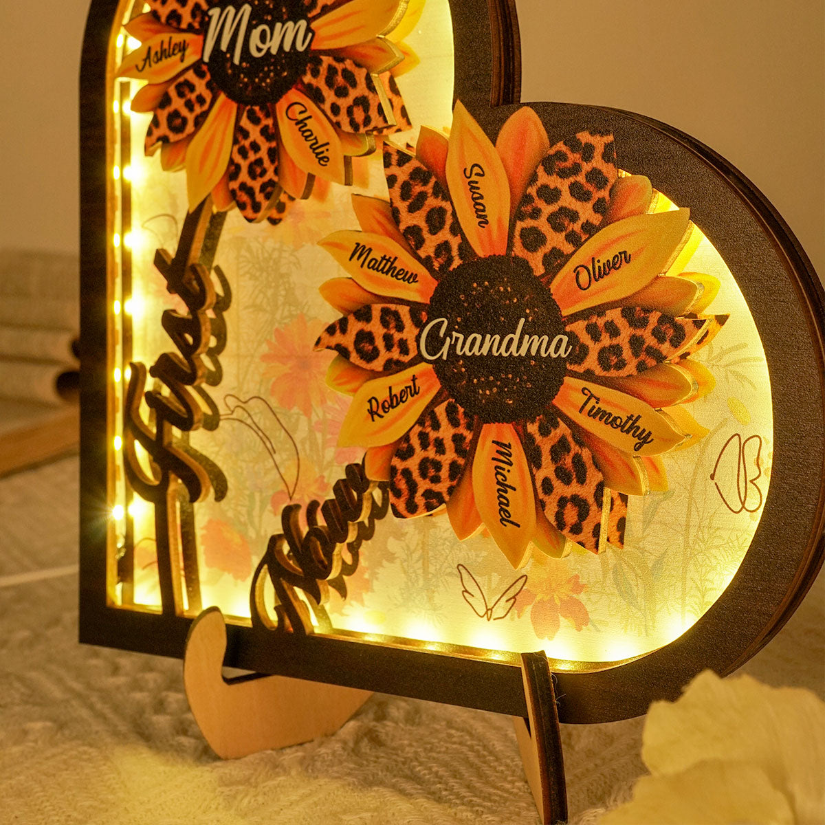 Sunflowers First Mom Now Grandma Personalized Heart 2-Layer Wooden Plaque With LED