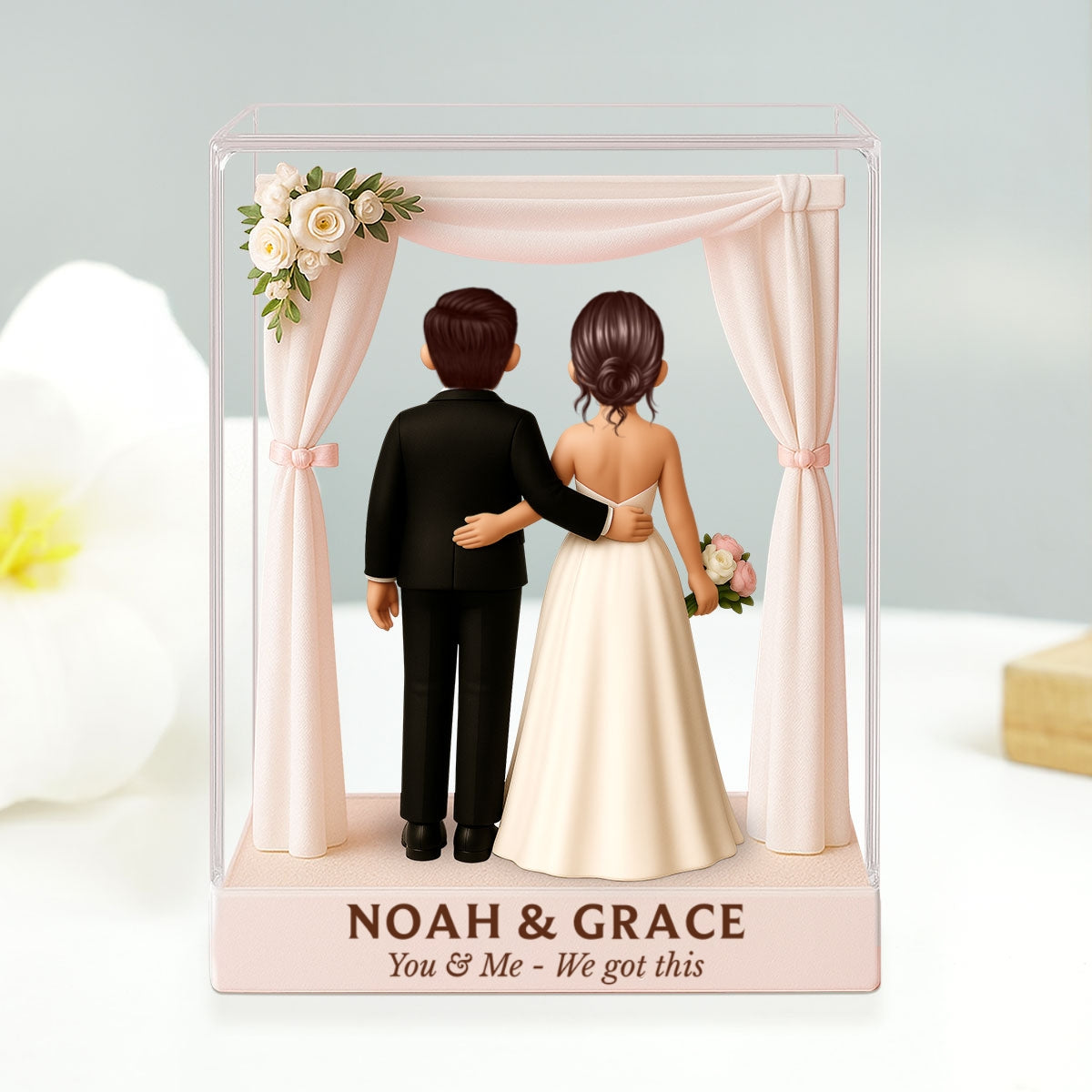 Bride & Groom Couple Figures Style Beach Wedding Theme Personalized Acrylic Flat Block Plaque, Wedding Gift, Newlyweds Gift