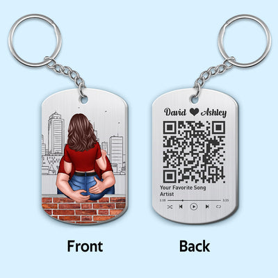 Man Holding Woman Back View Favorite Song QR Code Personalized Metal Keychain