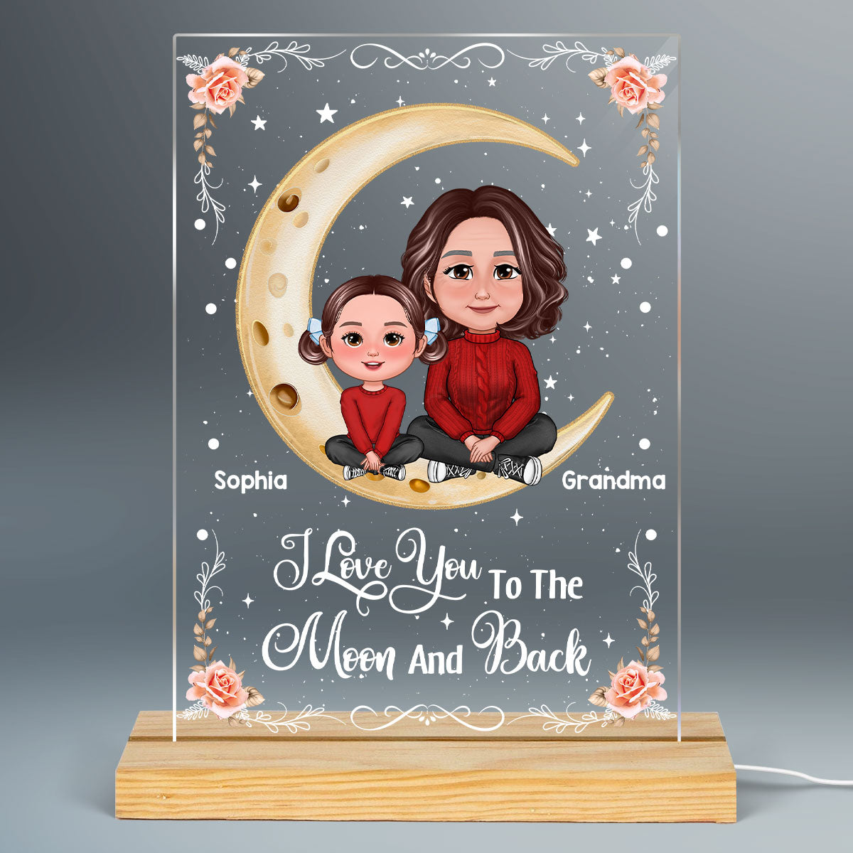 Grandma Grandkid Crossed Legs Sitting On Moon Personalized Acrylic LED Night Light