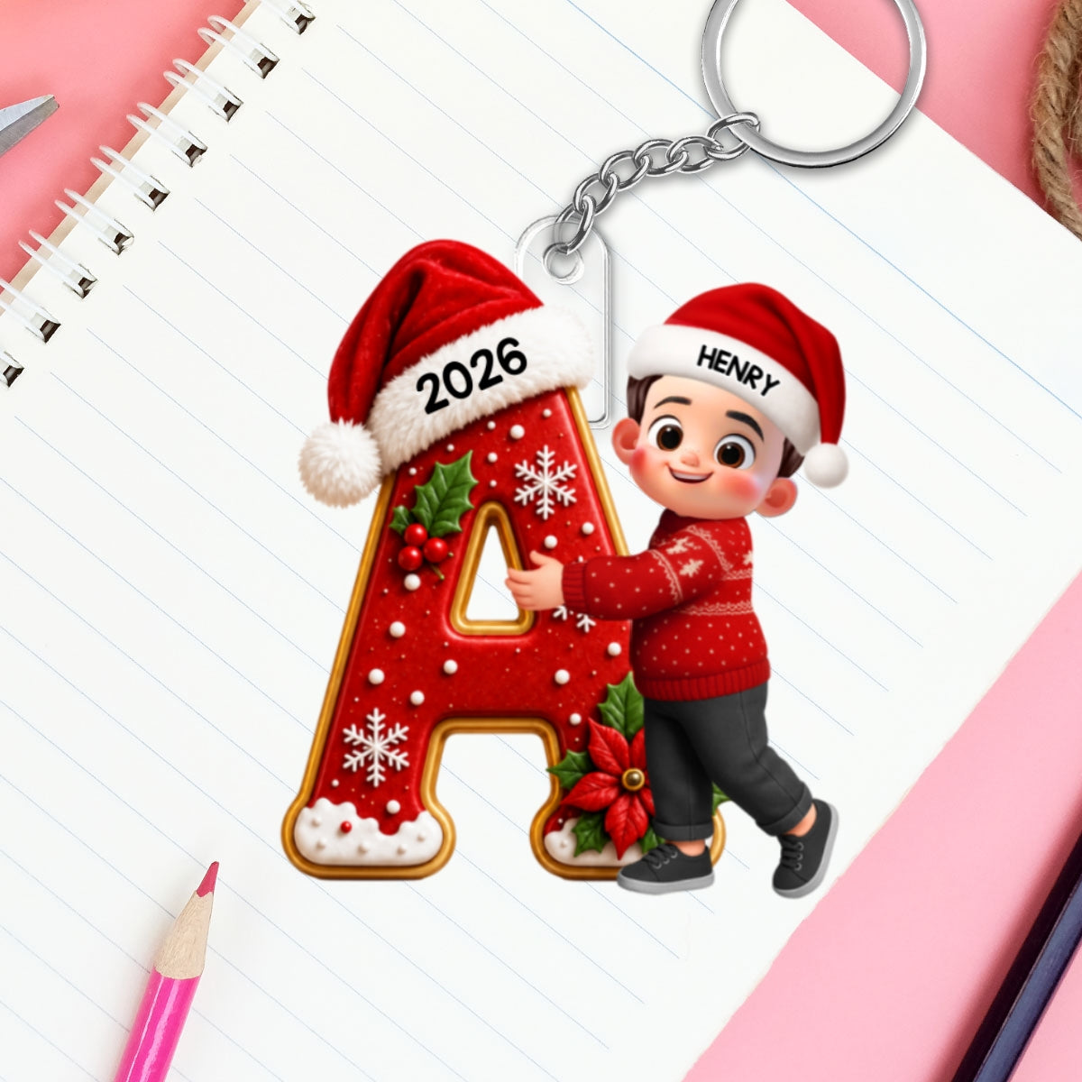 Joyful Christmas Letter Hug - Personalized Acrylic Keychain - Gift For Boys, Girls, Grandkids