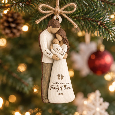 Family Of Three Standing 2D Flat Printed - Personalized Wooden Ornament - First Christmas Keepsake For New Parents