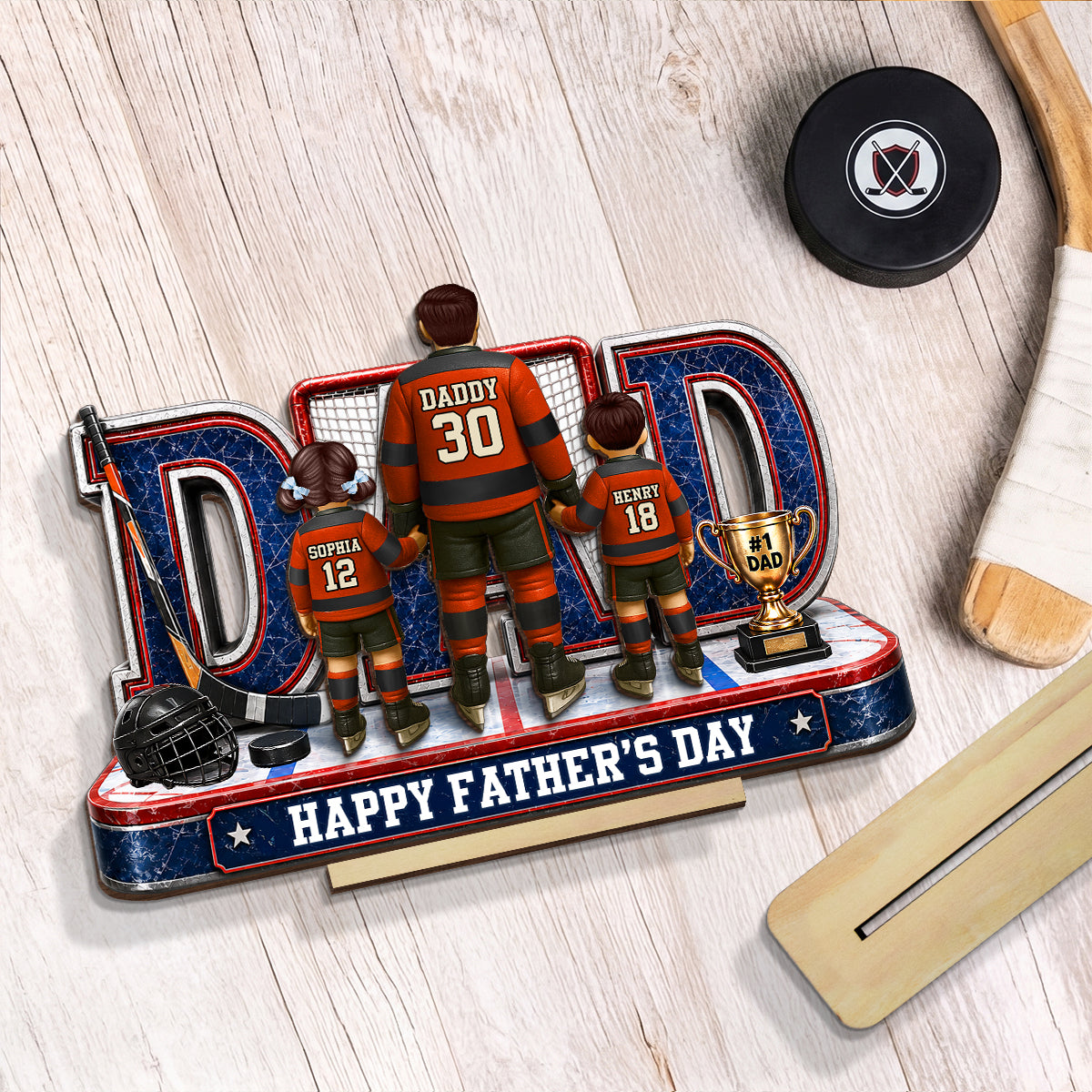 MVP Hockey Dad & Kids Together - Personalized 2-Layered Wooden Plaque - Father's Day Gift For Dad, Husband