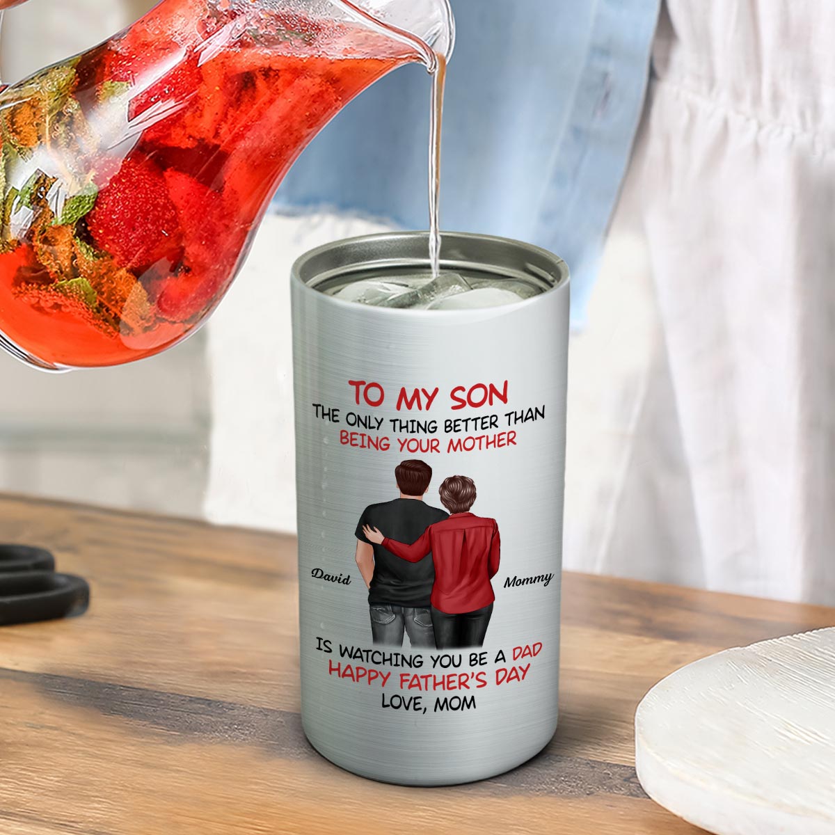 To My Son From Mom Happy Father‘s Day Back View Personalized 4 In 1 Can Cooler