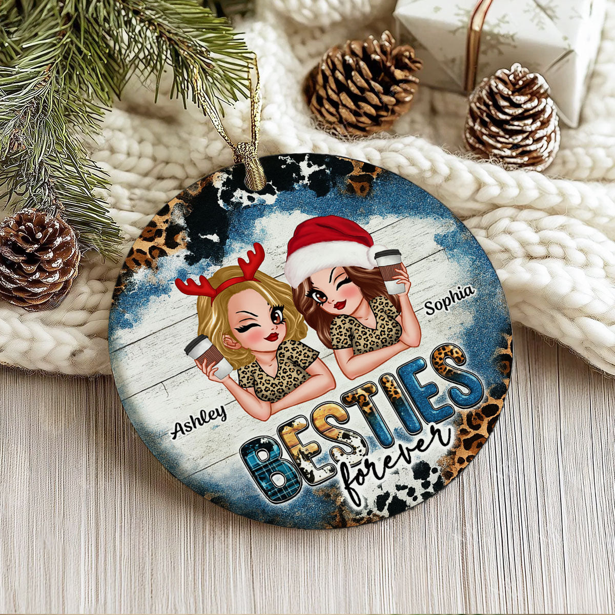 Besties Forever Western Christmas Personalized Ceramic Ornament, Christmas Gift for Best Friends, Sisters