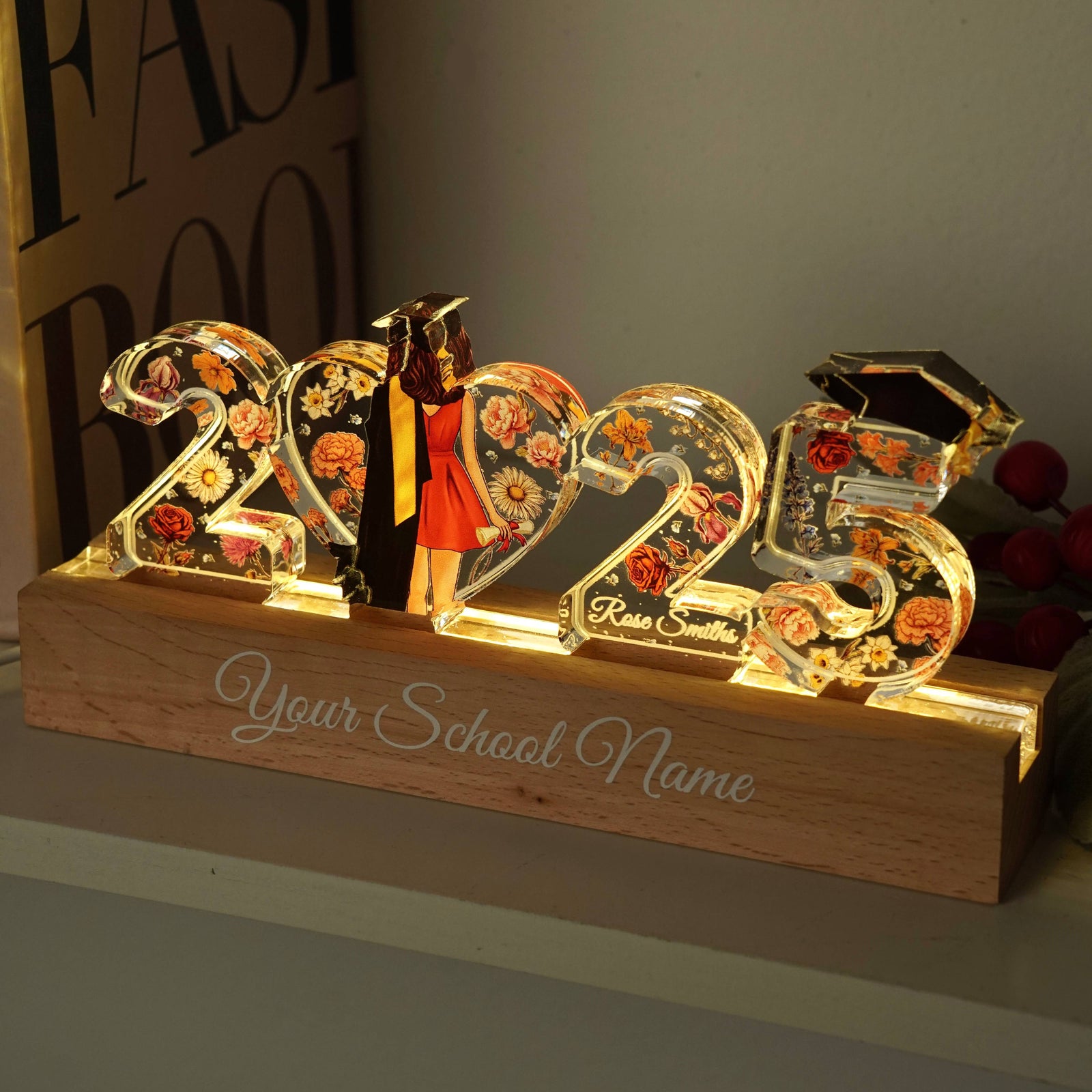 2025 Graduation Senior Flowers Personalized Custom Shape Acrylic Block LED Night Light, Graduation Gift