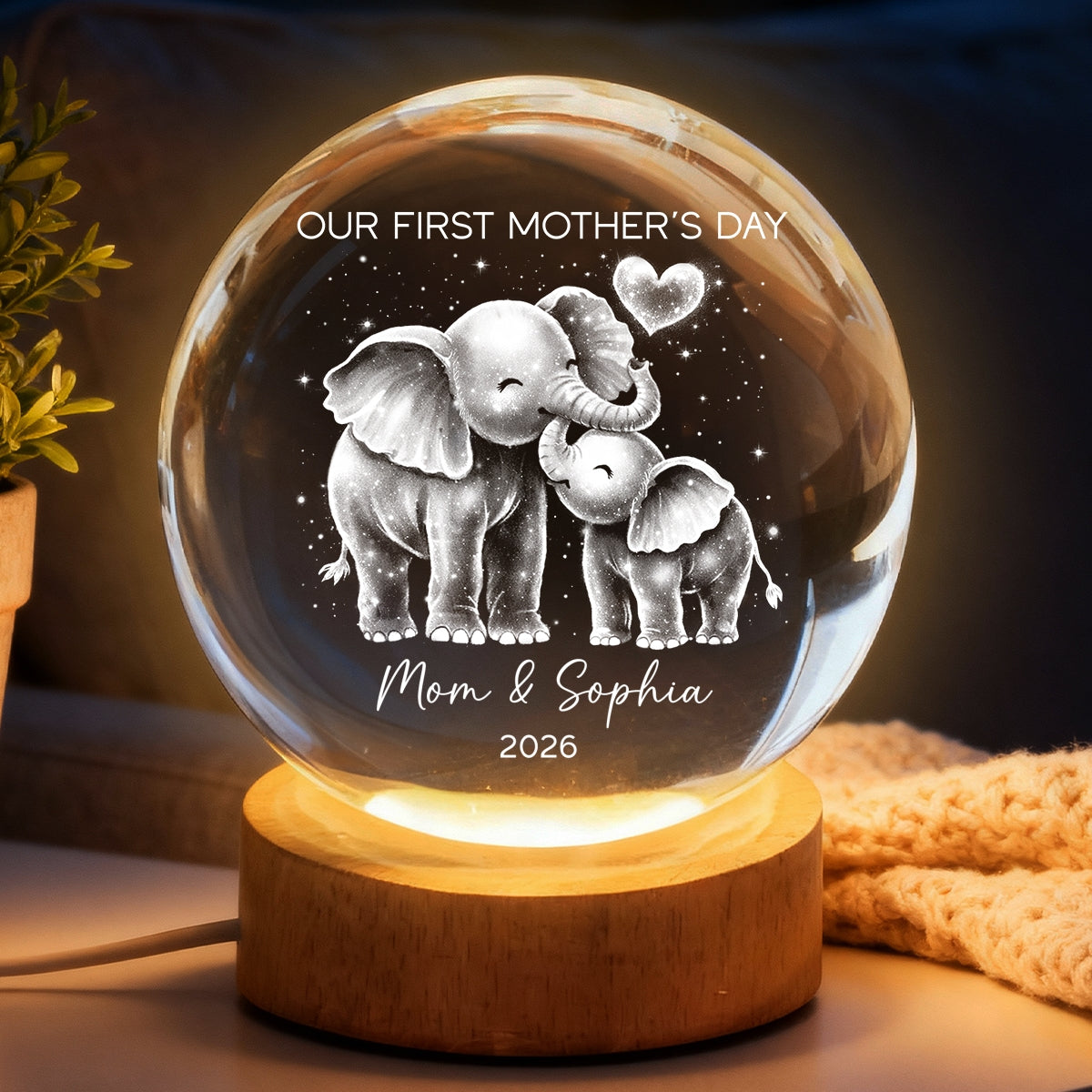 Elephant Mom And Baby Our First Mother's Day - Personalized Crystal Ball LED Night Light - First Mother's Day Gift For New Mom