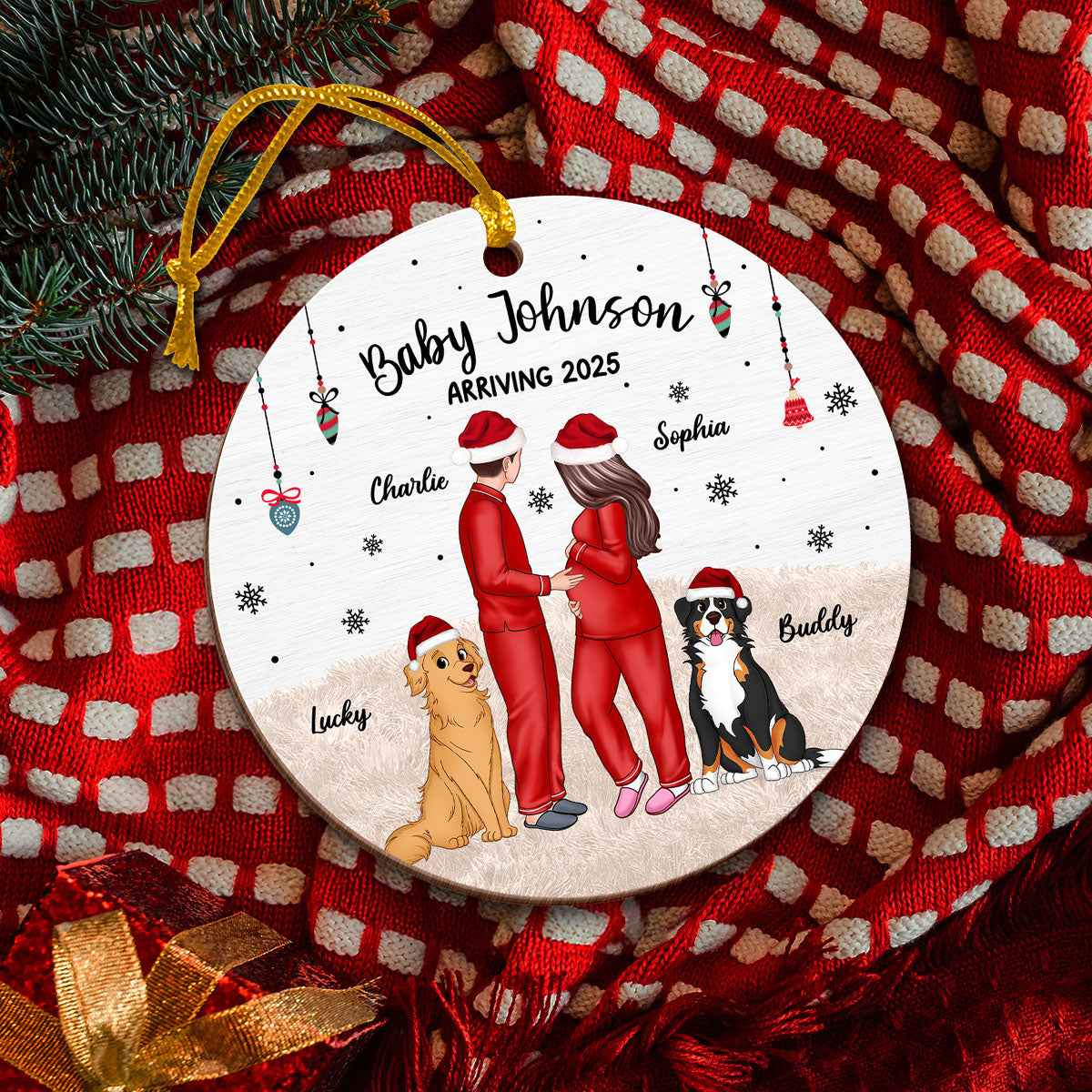 Pregnant Couple and Pet Keepsakes - Personalized Wooden Ornament - Christmas Gift