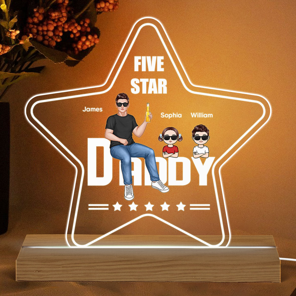 Daddy Sitting On Text Real Man And Kids Personalized Warm Acrylic Custom Shape LED Night Light