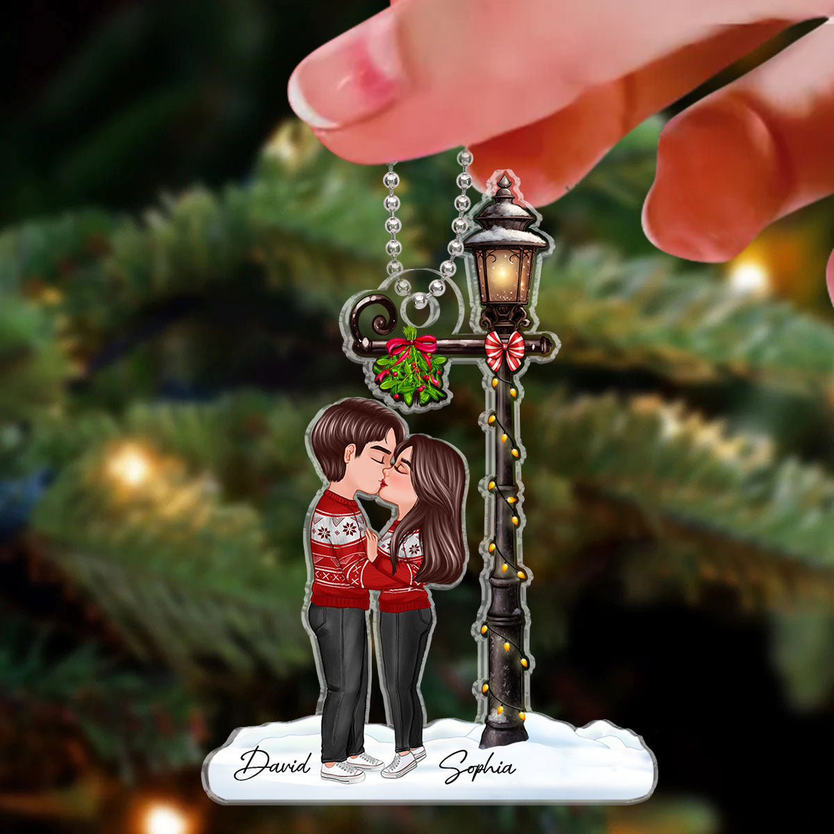 Couple Kissing Under Mistletoe Lamp Post Christmas Decor Personalized Acrylic Ornament
