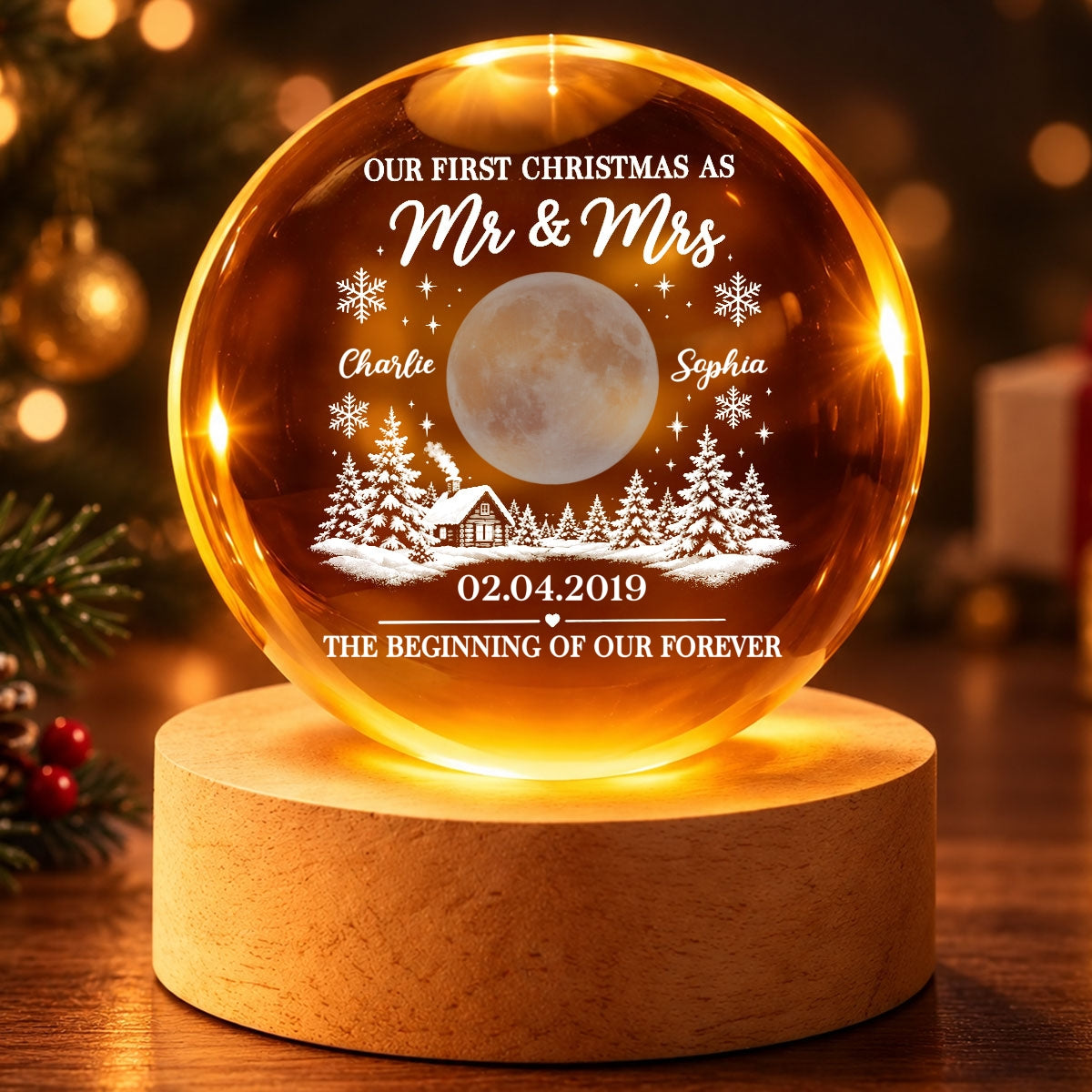 Our First Christmas As Mr Mrs Custom Moon Phase Anniversary Date - Personalized Crystal Ball LED Night Light - Christmas Gift For Newly Wedding Couple, For Him, For Her, Husband, Wife