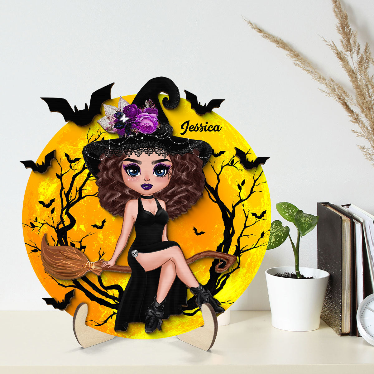 Halloween Witch Sitting On Broom Personalized 2-Layer Wooden Plaque, Halloween Decoration