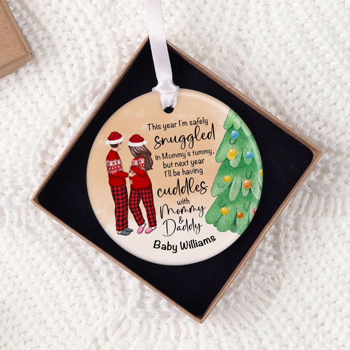 Bump Christmas, Pregnant Couple Ornament, Snuggled in Mommy's Tummy, Personalized Circle Ceramic Ornament