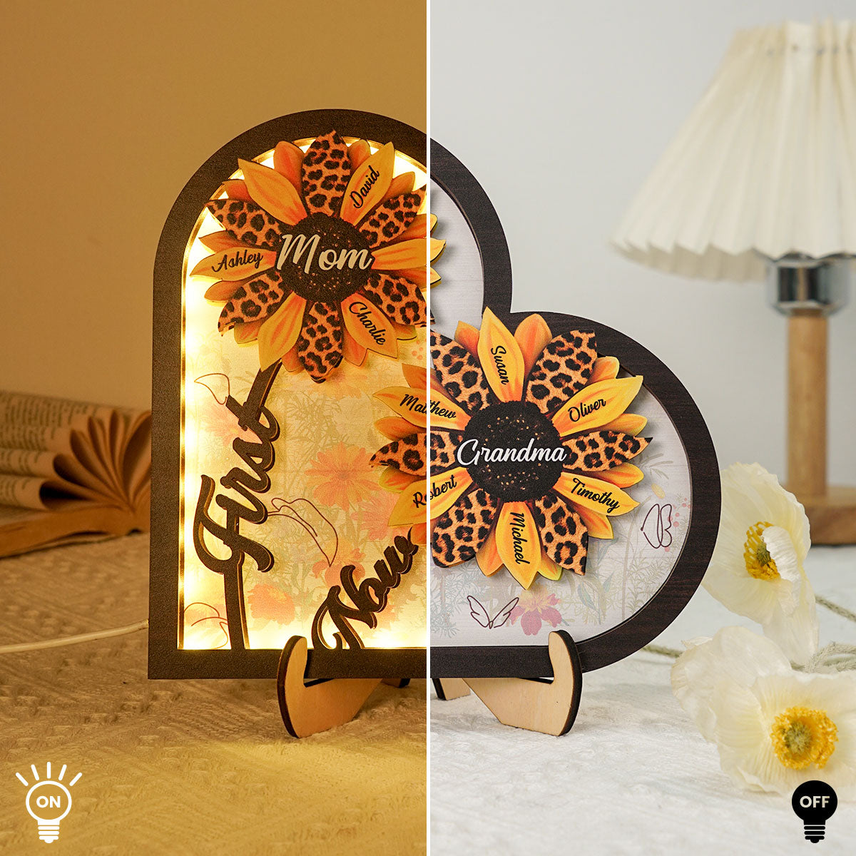 Sunflowers First Mom Now Grandma Personalized Heart 2-Layer Wooden Plaque With LED