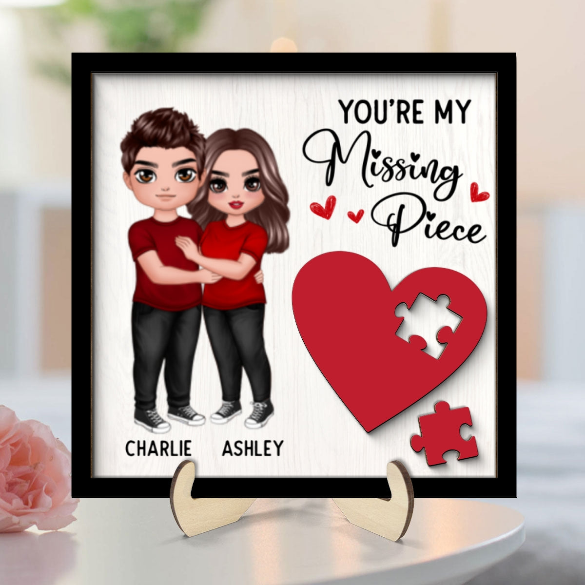 Standing Hugging Couple Missing Piece Red Heart Valentine‘s Day Gift For Her Gift For Him Personalized 2-Layer Wooden Plaque