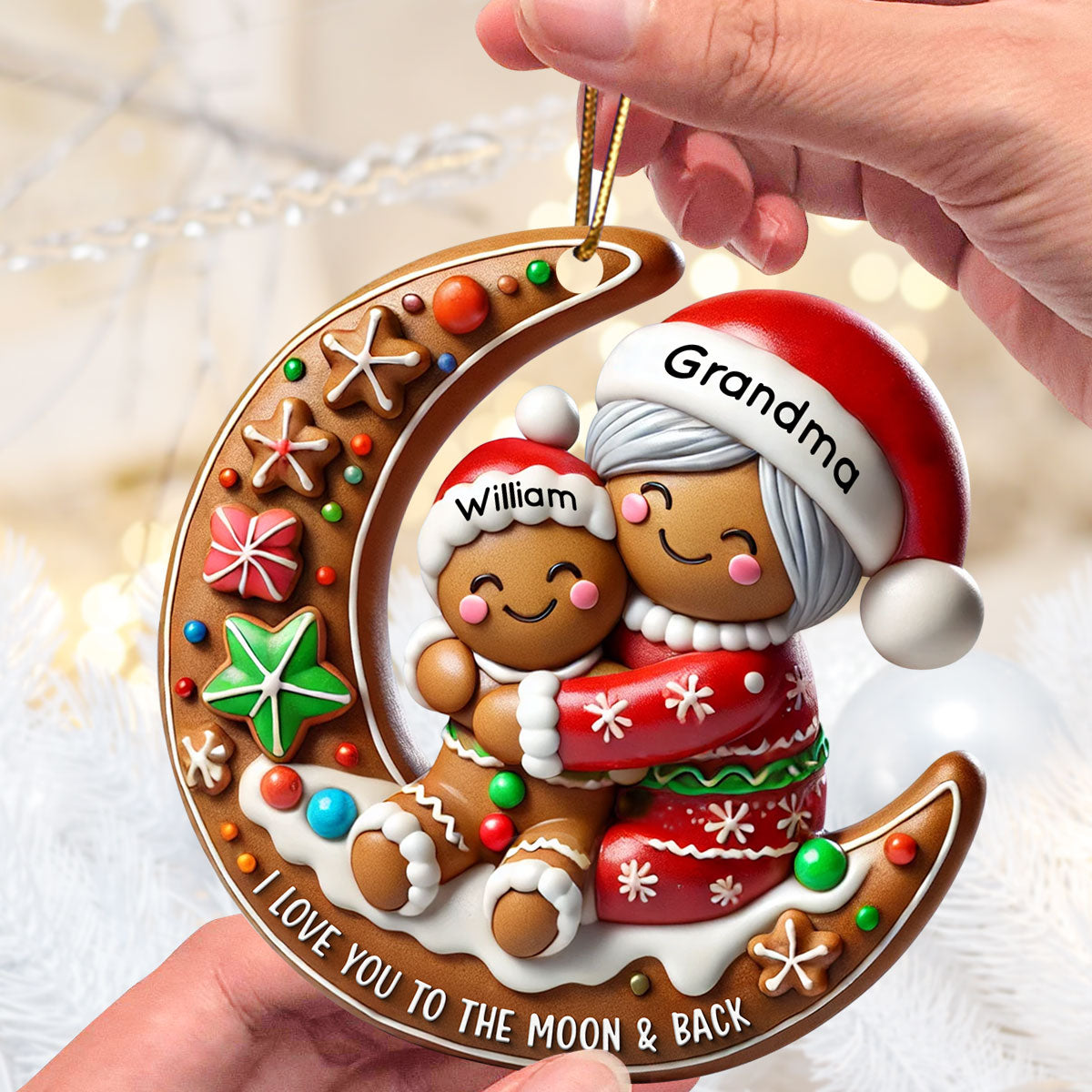 3D Effect Gingerbread Grandma Hugging Grandkid On Moon Christmas - Personalized Acrylic Ornament - Gift For Granddaughter, Grandson