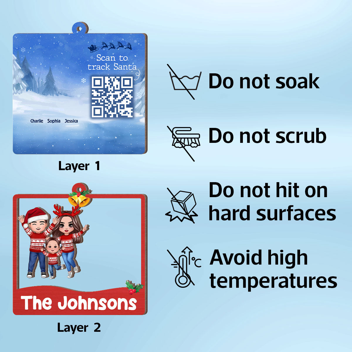 Happy Family Santa Tracker QR Code Personalized 2-Layer Wooden Ornament