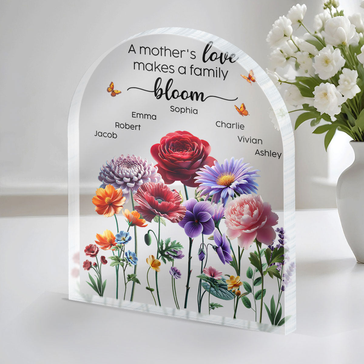 A Mother's Love Makes A Family Bloom 3D Effect Birth Month Flower Personalized Acrylic Block Plaque, Gift For Mom