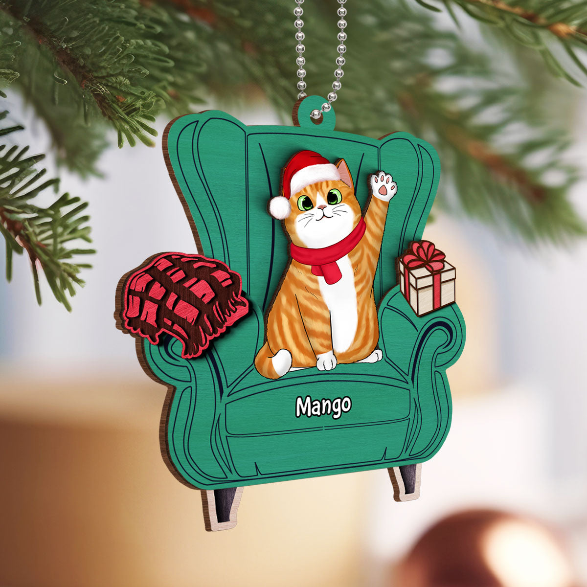 Christmas Cats On Sofa Personalized 2-Layer Wooden Ornament