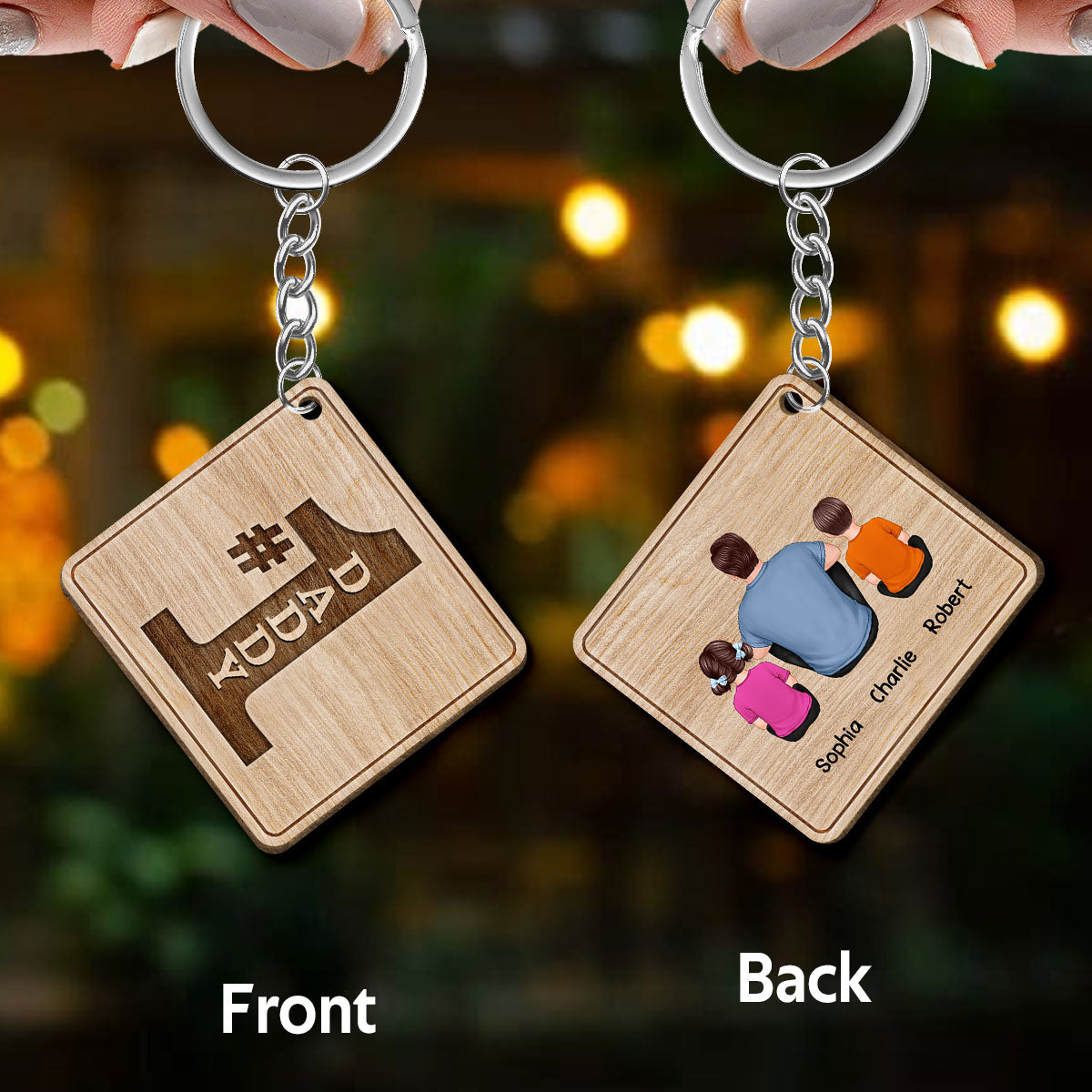#1 Dad Grandpa Back View Sitting Personalized Wooden Keychain