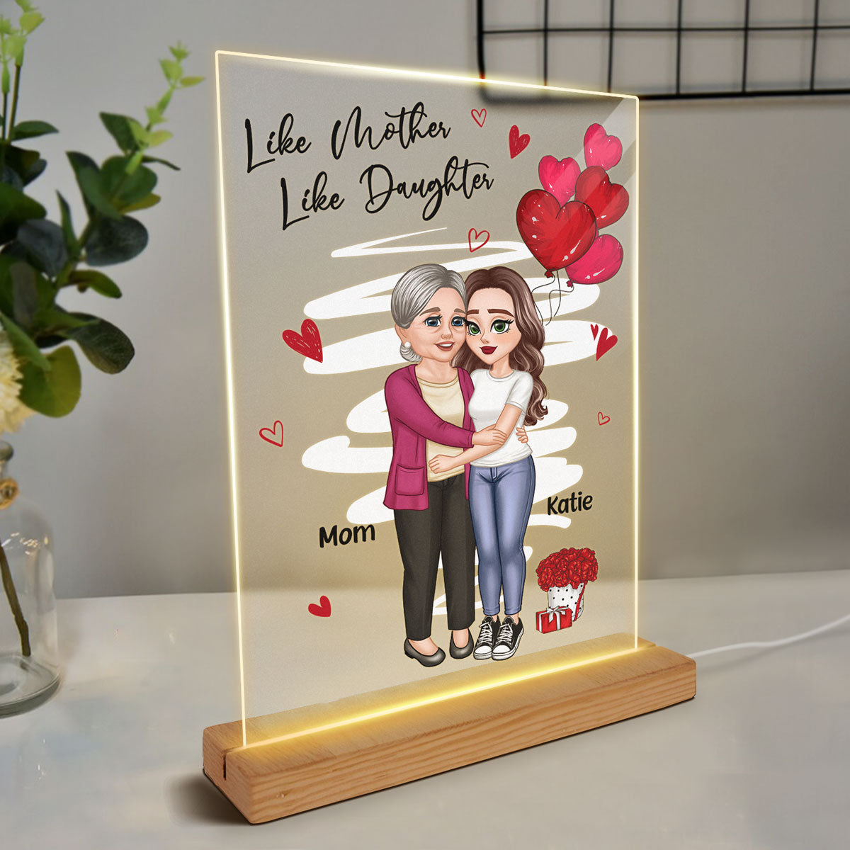 Red Hearts Mother Daughters Hugging Personalized Acrylic LED Night Light