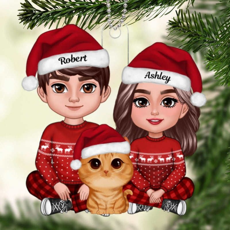 Couple Sitting Crossed Legs And Watercolor Cute Dogs Cats You Me And The Dogs Cats Christmas Gift Personalized Acrylic Ornament