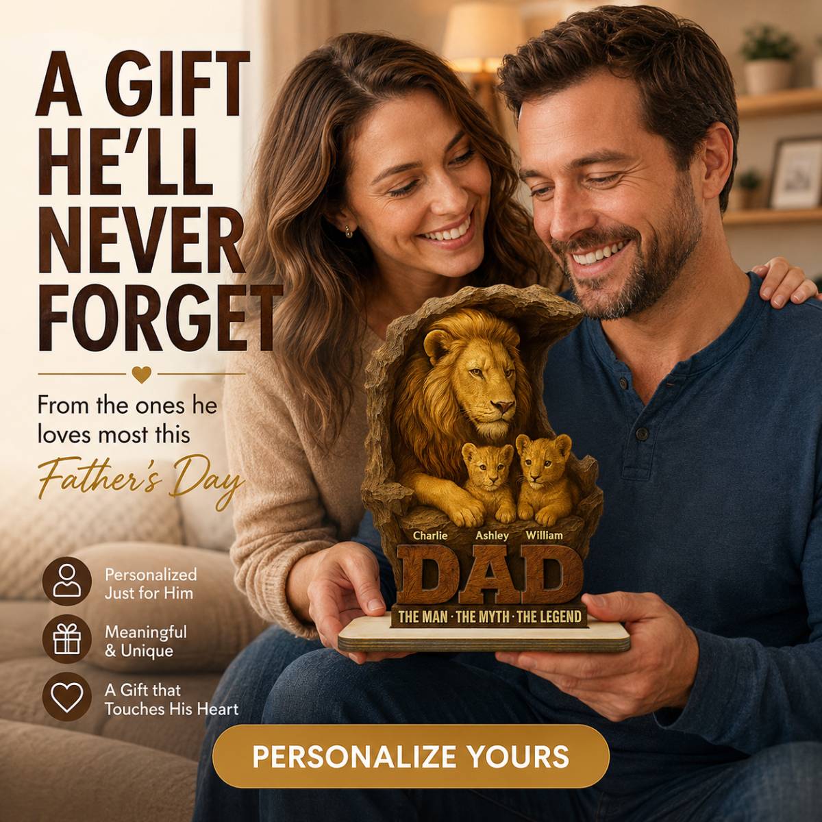 Lion Dad And Kids Personalized 2- Layer Standing Wooden Plaque, Unique Father's Day Gift For Dad