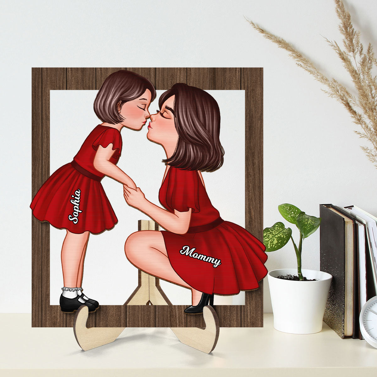 Mom And Kid Holding Hands Kissing Frame Personalized 2-layer Wooden Plaque