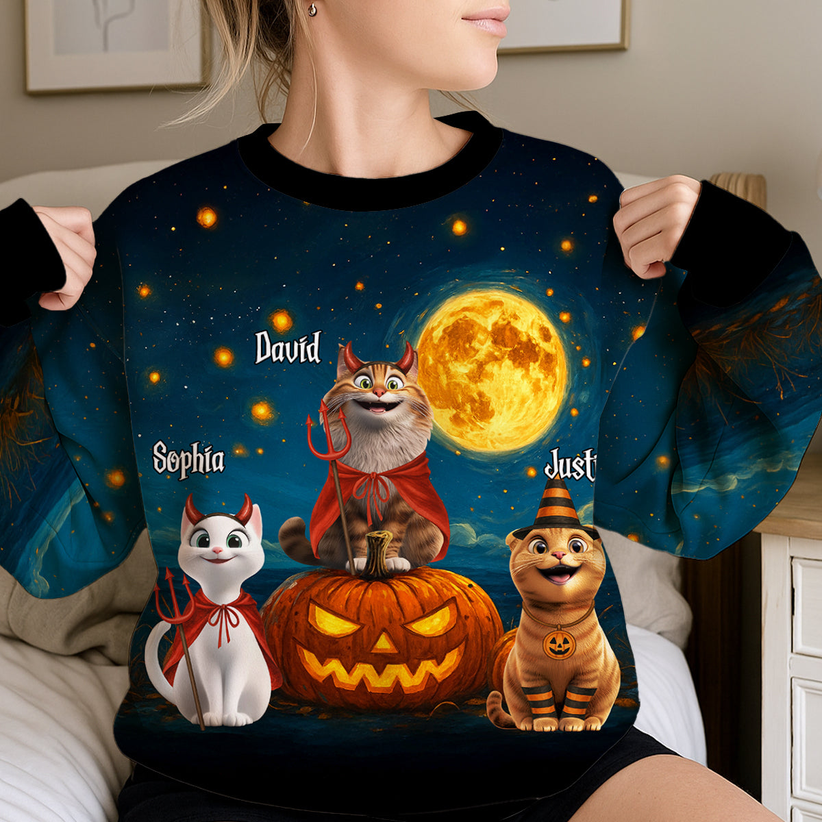 Halloween Cats Sitting in a Starry Night Personalized 3D Sweatshirt, Halloween Costume for Cat Lovers
