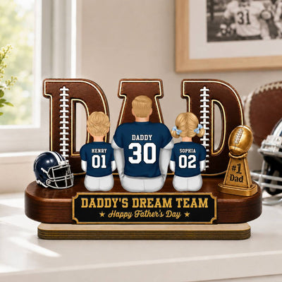 American Football Dad Legend Daddy's Dream Team - Personalized 2-Layered Wooden Plaque - Unique Trending Father's Day Gift For Dad, Husband, Football Fans
