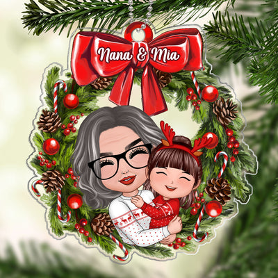 Doll Grandma Hugging Kid In Wreath Christmas Gift For Granddaughter Grandson Personalized Acrylic Ornament
