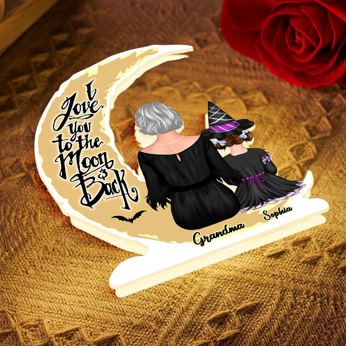Grandma Grandkids On Moon Back View Halloween Personalized Light Box, Halloween Indoor Decor for Grandma