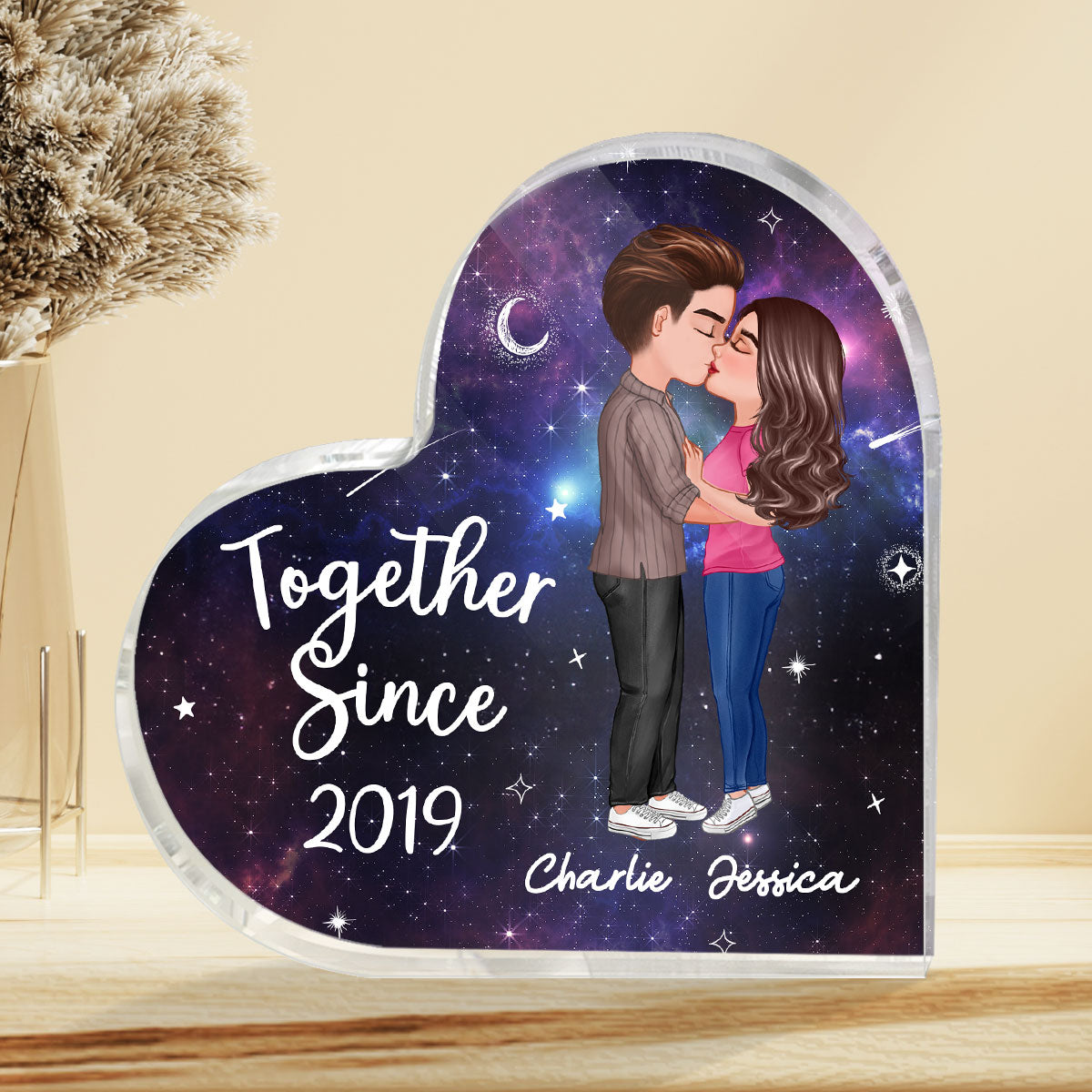Doll Couple Kissing In Galaxy Night Personalized Heart Acrylic Plaque