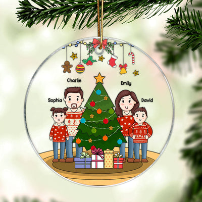 Comic Family Standing Around Christmas Tree Personalized Acrylic Ornament, Christmas Gift For Family