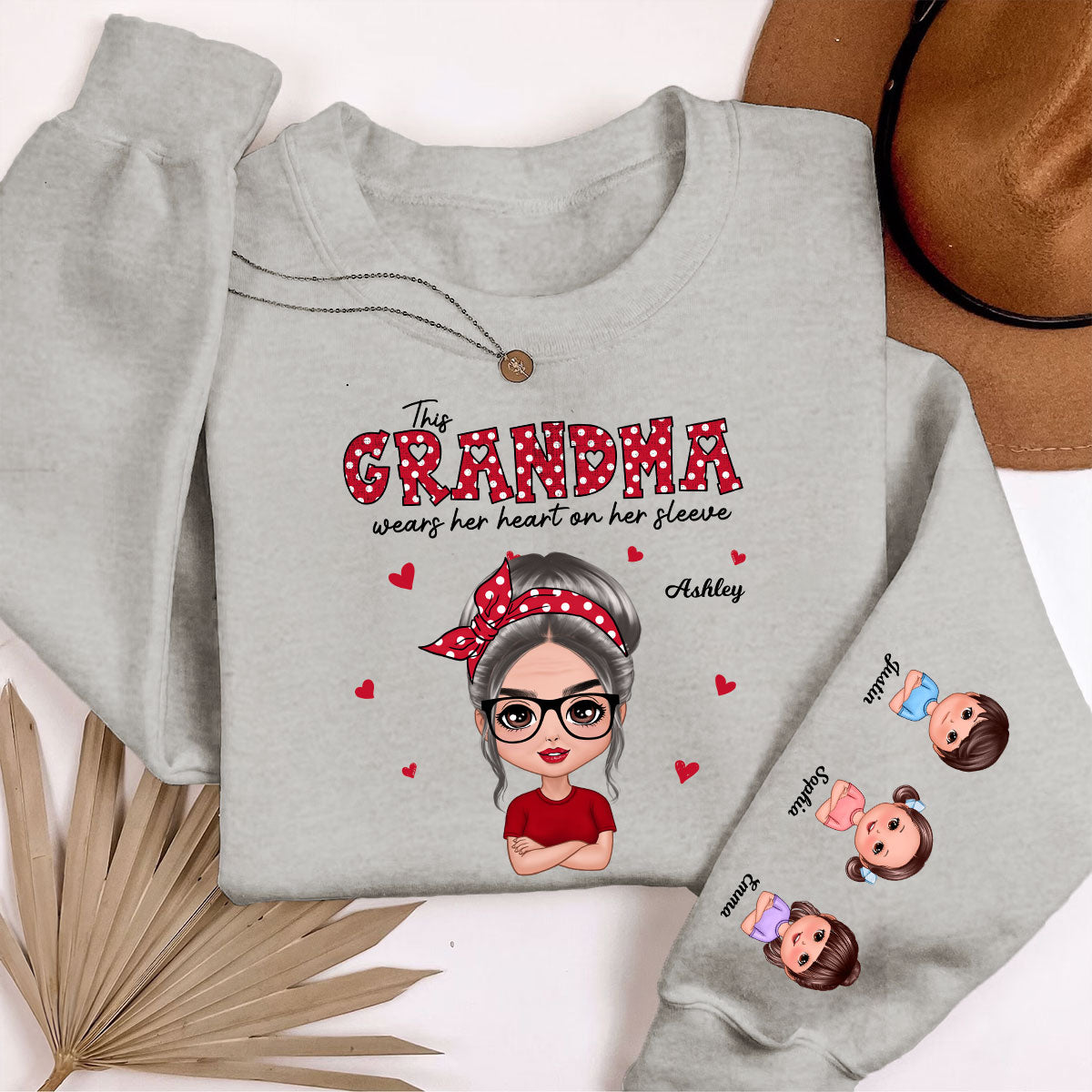 This Grandma Wears Her Heart On Her Sleeve Polka Dot Pattern Personalized Sleeve Printed Sweatshirt
