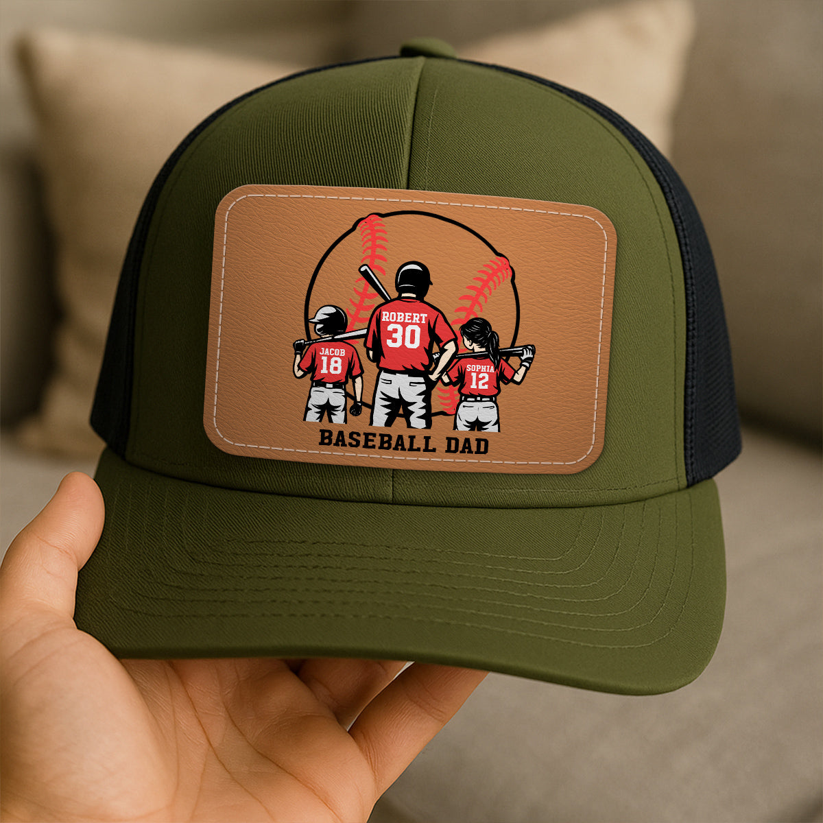 Baseball Dad And Kids Back View Silhoutte Personalized Leather Pacth Hat, Father's Day gift