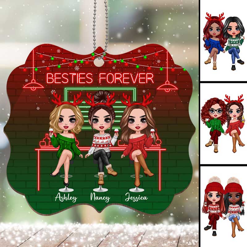 Besties Sisters Drinking Personalized Wooden Ornament